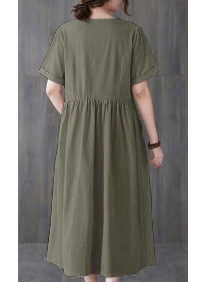 Barbora Linen Casual V Neck Waist Gather Detail Buttoned Dress - Image 2